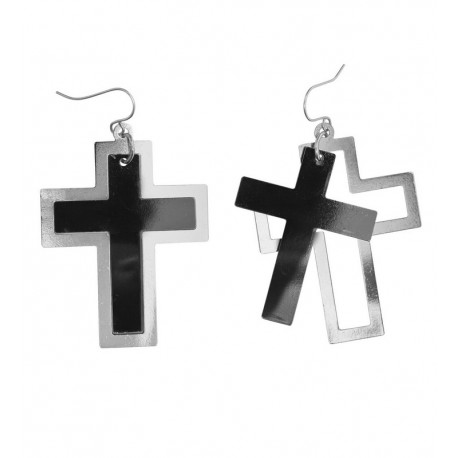 Boucles d'Oreilles Croix Noire et Argentée