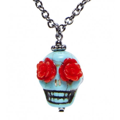 Collier Crâne Bleu aux Yeux Roses