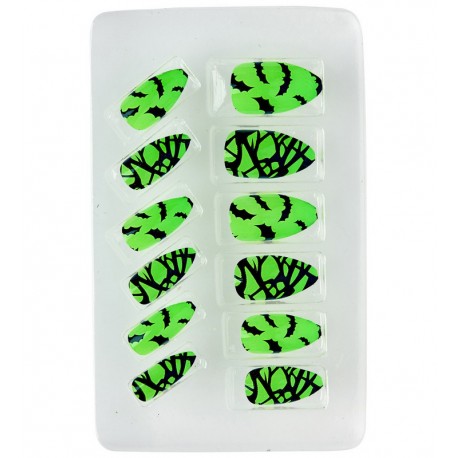 Set de 12 Faux Ongles Fluorescents de Chauves-souris