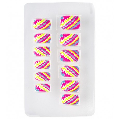 Set de 12 Faux Ongles Rayés Zig-Zag Néon