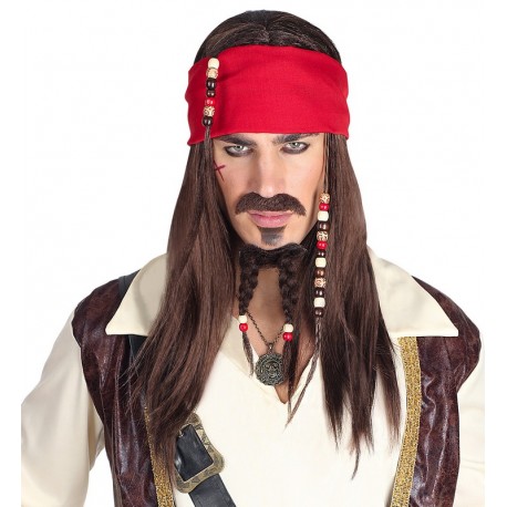 Perruque de Pirate des Caraïbes avec Bandana, Moustache et Barbiche