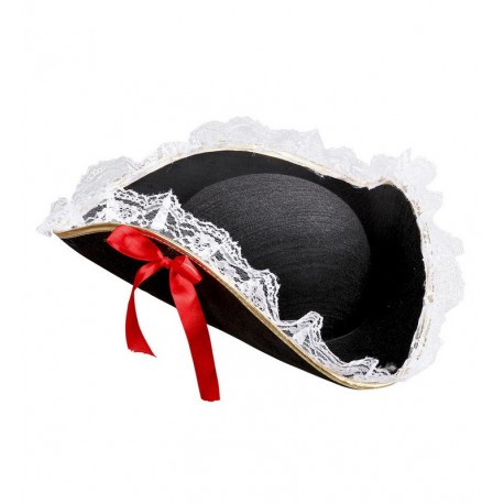 Tricorne avec Bride en Dentelle et Nœud Rouge