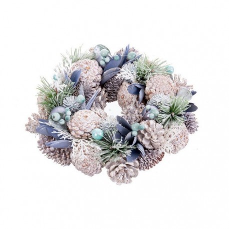 Couronne pins et de boules bleues 26 X 26 X 7,50 Cm